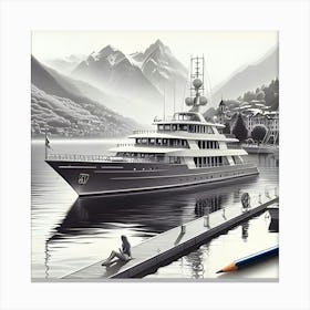 A Pencil Drawing Of A Luxury Yacht On A Lakefront 3 Canvas Print