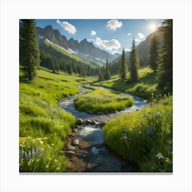 Wildflowers In The Mountains Valley With A Clear Meandering Stream Canvas Print