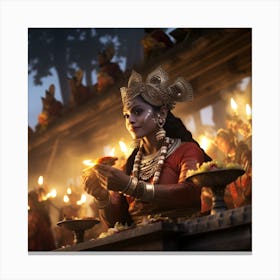 Woman Lighting A Candle Canvas Print