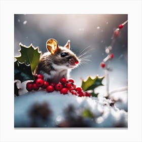 Mouse in the Snow with Holly and Red Berries Canvas Print