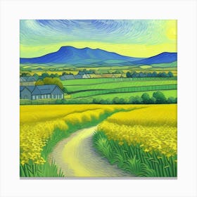 Peaceful Living A Farmhouse at Sunset Yellow Field Canvas Print