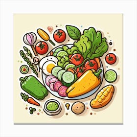 A Plate Of Food And Vegetables Sticker Top Splashing Water View Food 2 Canvas Print