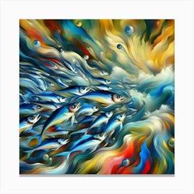 Sardines Gliding Through An Abstract Ocean Of Colors And Shapes, Style Abstract Expressionism 3 Canvas Print