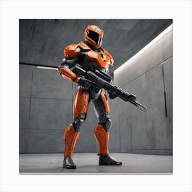 A Futuristic Warrior Stands Tall, His Gleaming Suit And Orange Visor Commanding Attention 7 Canvas Print