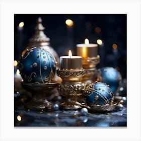 Blue Christmas Decorations With Candles Canvas Print