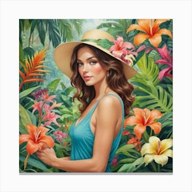 Woman In Tropical Flower Garden Art Print 2 Canvas Print