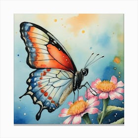 Elegant Butterfly On Flowers Watercolor Canvas Print