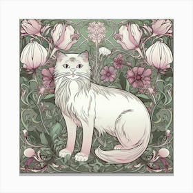 William Morris  Inspired  Classic Cats White Cat Sage And Pink Square Canvas Print