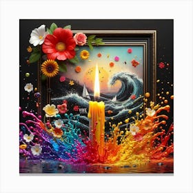 A lit candle inside a picture frame surrounded by flowers 10 Canvas Print
