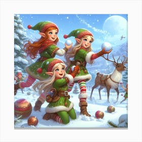 Christmas Elves in winter landscape Canvas Print