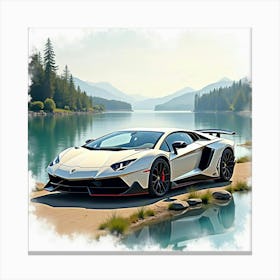 Lamborghini Centenario With A Watercolor Tranquil Lake Backdrop 1 Canvas Print