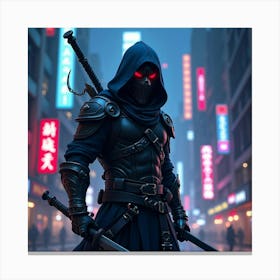 Ninja Shadow Warrior In Glowing Night City, Vibrant Chaos 1 Canvas Print