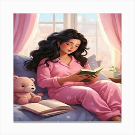 Girl Reading Teddy Bear Canvas Print