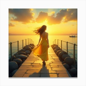 Woman Walking On A Pier At Sunset Canvas Print