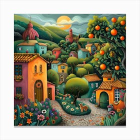 Mediterranean Village, Naive, Whimsical, Folk 1 Canvas Print