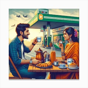 Couple Having Coffee At Gas Station Canvas Print