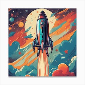 A Retro Style Rocket Ship Blasting Off Into Space, With Colorful Exhaust Flames And Stars In The Bac Canvas Print