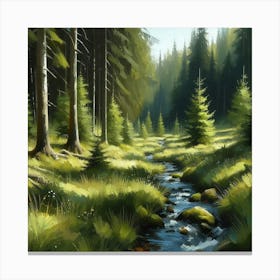 Stream In The Forest, Acrylic Painting Style 20 Canvas Print