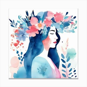 woman portrait with watercolour floral head crown  Canvas Print