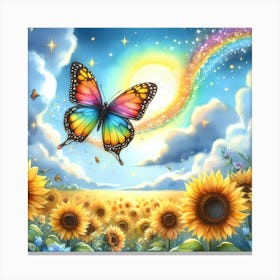 Rainbow Butterfly Over Sunflowers Canvas Print