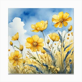 Yellow Cosmos Watercolor Painting Canvas Print