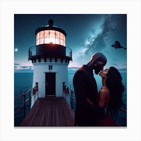Couple Kissing At Lighthouse Canvas Print