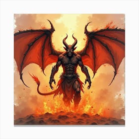 Demon Creating Chaos In A Watercolor, Fiery Background 1 Canvas Print