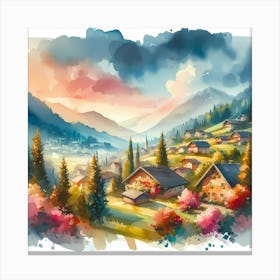 Watercolor Of A Mountain Village Canvas Print