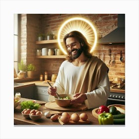 Jesus cooking a meal in a cozy modern kitchen 4 Canvas Print