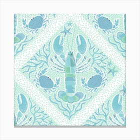 Summer Coastal Boho Lobster, Crab & Coral - Lattice pastel blue Canvas Print