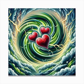 3 Dimensional Lightning With Multiple Green And White Swirls In A Vortex Of 3 Red Hearts Oil Painting 3 Canvas Print