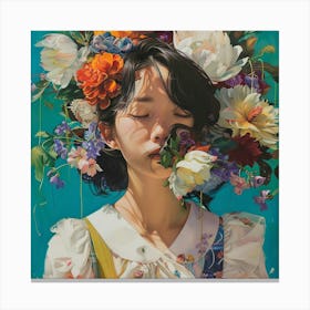 Japanese Girl With Flowers On Her Head Canvas Print