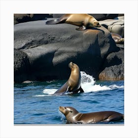 Sea Lions On Rocks 1 Canvas Print