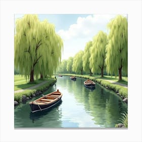 A Picturesque English River With Rowing Boats And Willow Trees, Watercolor Canvas Print