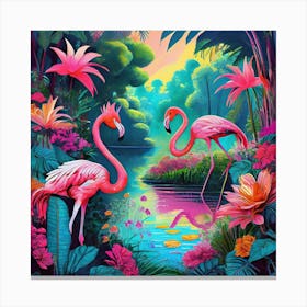 Flamingos In The Jungle 4 Canvas Print
