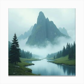 Watercolor Scene Of The Argonath Looming Over A Misty River Canvas Print