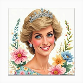 Smiling Princess Diana, Watercolor Flowers In The Colorful Background 1 Canvas Print