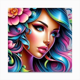 Colorful Girl With Flowers 3 Canvas Print