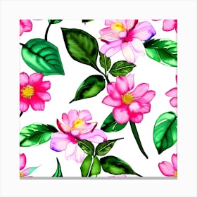 Seamless Pattern With Pink Flowers And Leaves Canvas Print