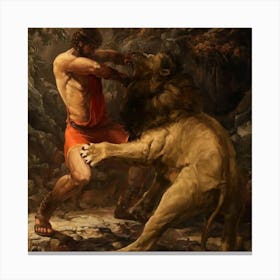 Lion And Man Fighting Canvas Print