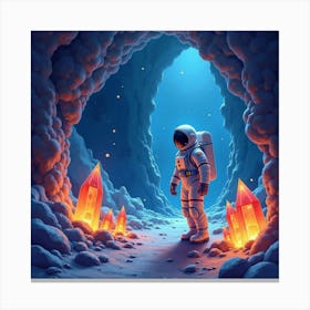 A Watercolor Astronaut Exploring A Cave Filled With Glowing Space Crystals 1 Canvas Print