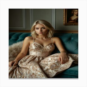 A Beautiful Blonde Girl Model On A Sofa 2 Canvas Print