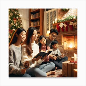 Family Reading Christmas Book At Home Canvas Print