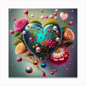 Heart With Flowers And Pearls Canvas Print