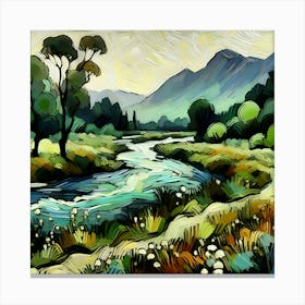 An Impressionist Illustration Depicts A River Winding Through A Meadow Featuring A Thick Black Outline 1 Canvas Print