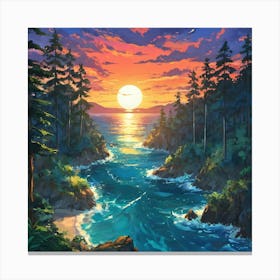 Serene Sunset Over Enchanted Coastline With Lush Forest and Calming Sea Canvas Print