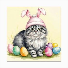 Watercolor Illustration Of Cat In Pink Easter Bunny Hat, With Easter Eggs Scattered Around Leinwandbild