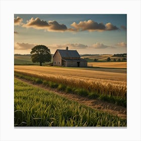 A Rolling Countryside With Golden Wheat Fields And A Quaint Farmhouse In The Distance (2) Canvas Print