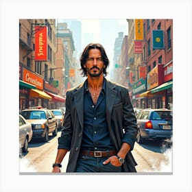 Keanu Reeves In A Watercolor City Scene With Vibrant, Bustling Streets Canvas Print