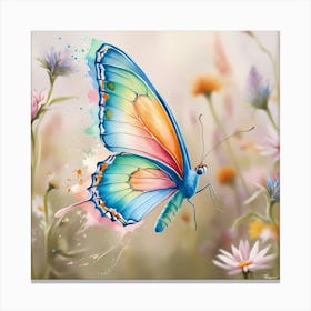 A Vibrant Butterfly Flutters Gracefully, Its Delicate Wings Showcasing A Kaleidoscope Of Bright Colors—Blues, Oranges, Pinks, And Greens—Blending In Soft, Watercolor Gradients Canvas Print